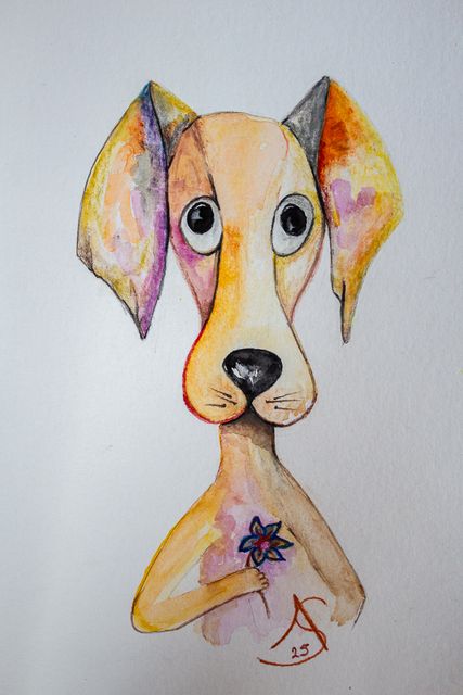 Cão com flor, Aguarela sobre papel, Ana Soares, 2025