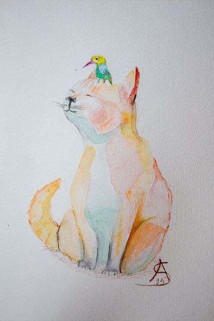 Gato e colibri, Aguarela sobre papel, Ana Soares, 2025